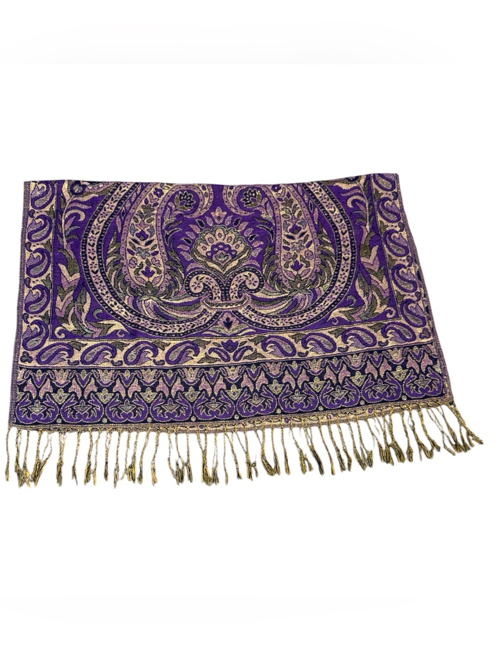 Purple Gold Paisley Woven Fringe Scarf from Jerusalem 27” x 68”